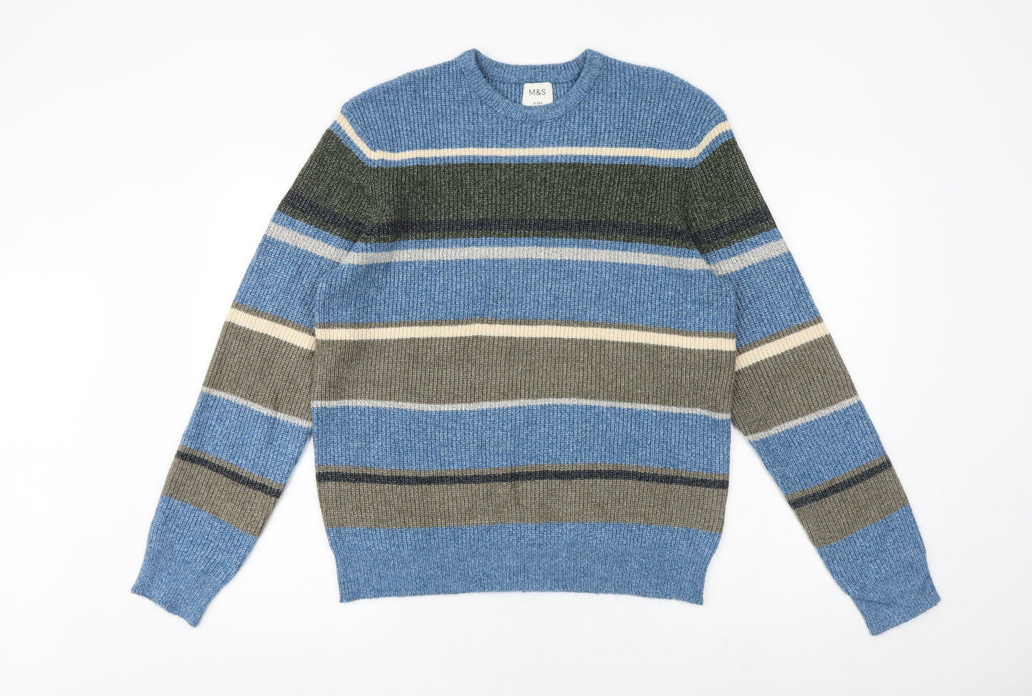 Marks and Spencer Mens Multicoloured Round Neck Striped Polyamide Pullover Jumper Size M Long Sleeve