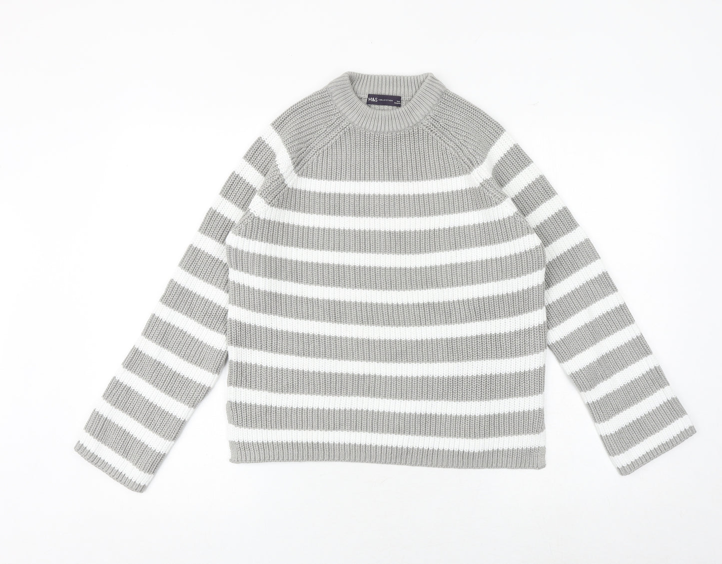 Marks and Spencer Womens Grey Round Neck Striped Cotton Pullover Jumper Size S