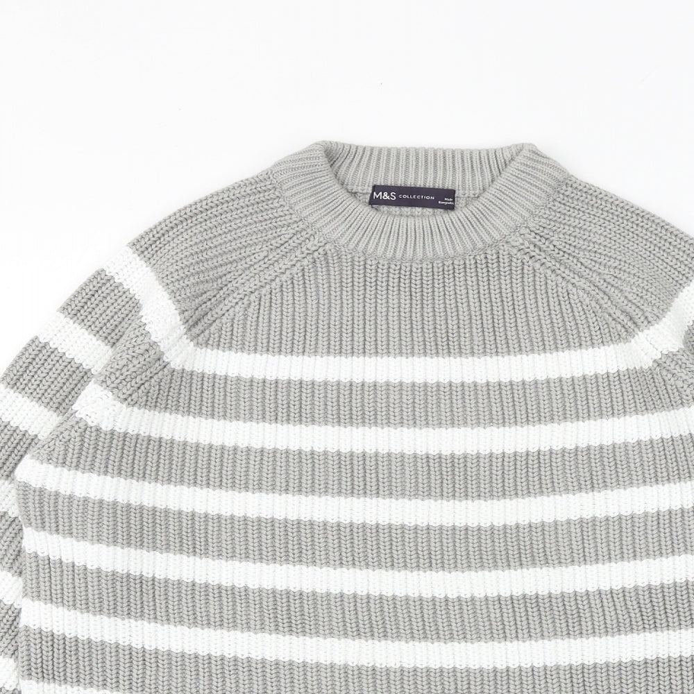 Marks and Spencer Womens Grey Round Neck Striped Cotton Pullover Jumper Size S