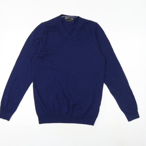 Marks and Spencer Mens Blue V-Neck Acrylic Pullover Jumper Size S Long Sleeve
