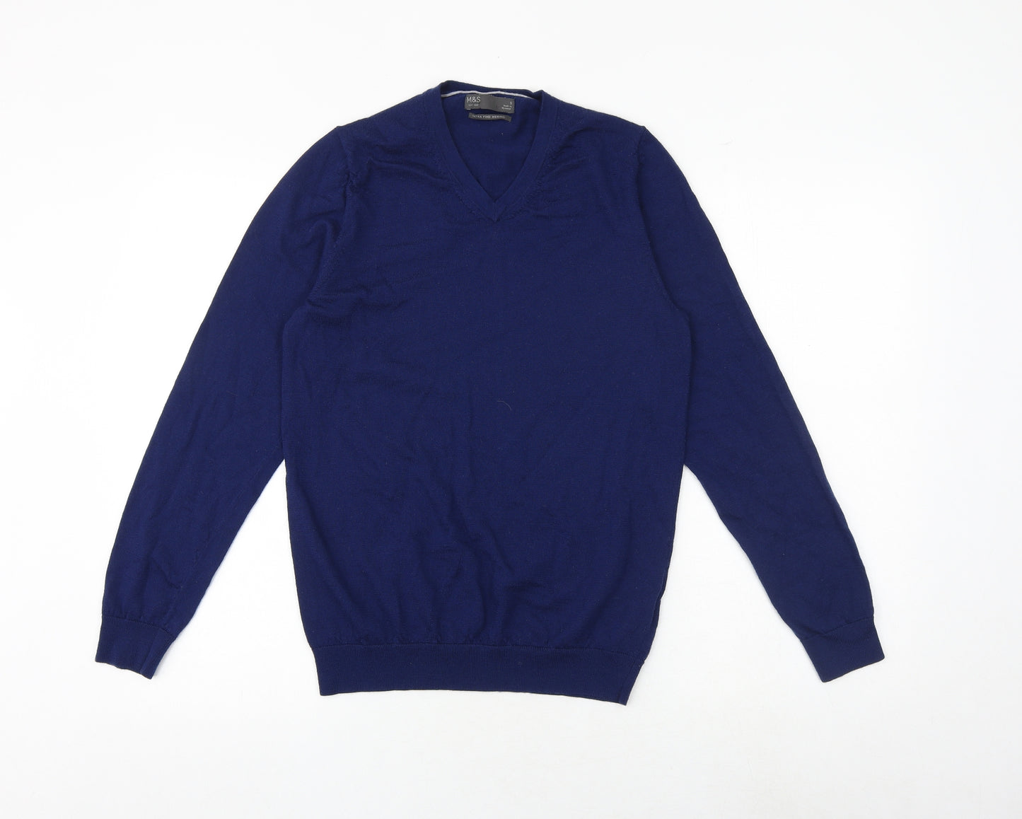 Marks and Spencer Mens Blue V-Neck Acrylic Pullover Jumper Size S Long Sleeve