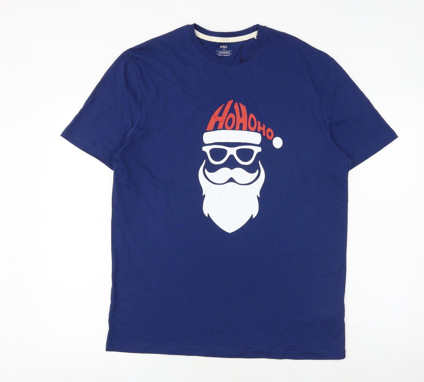 Marks and Spencer Mens Blue Cotton T-Shirt Size M Round Neck - Father Christmas HO HO HO