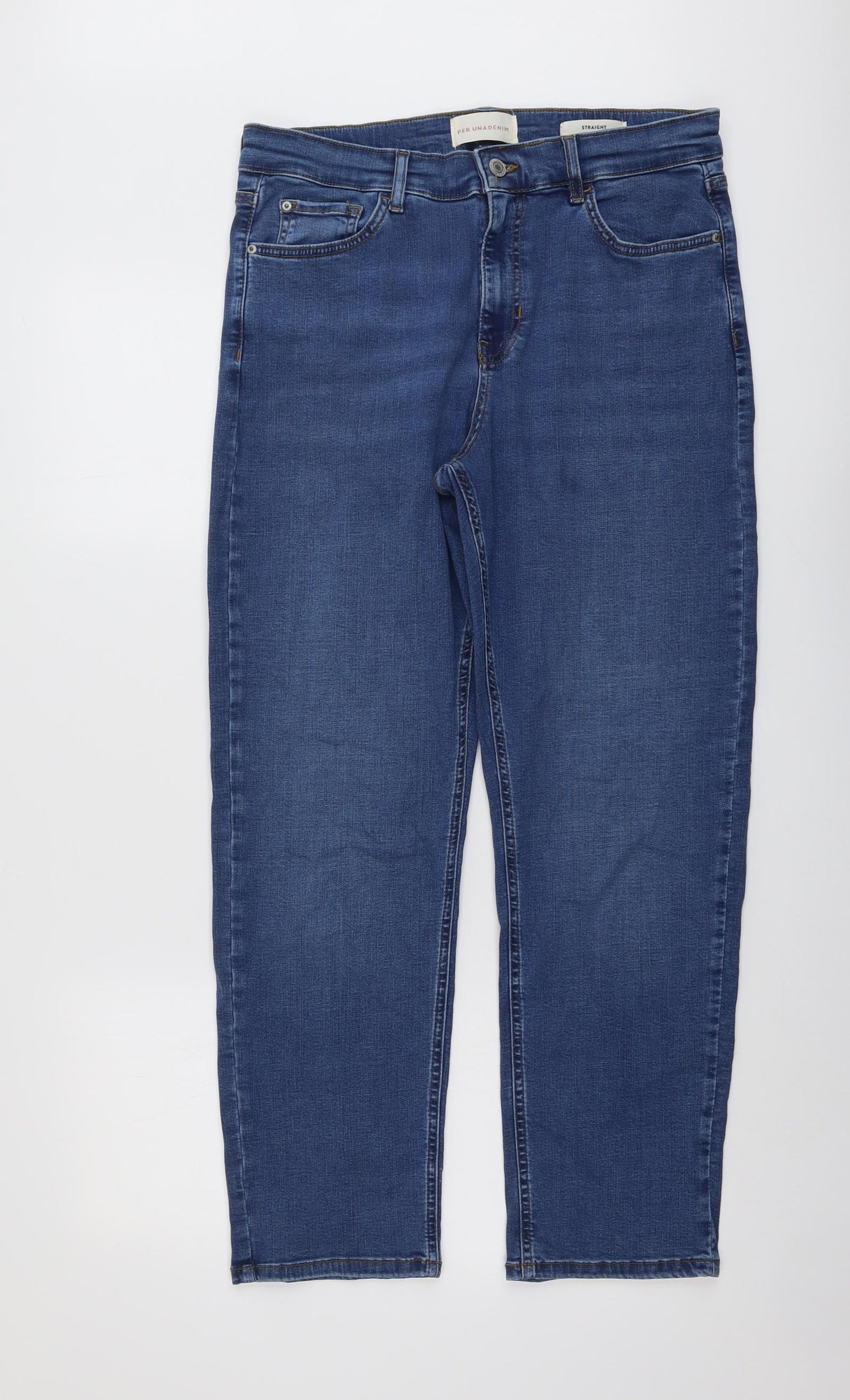 Per Una Womens Blue Cotton Straight Jeans Size 14 L28 in Regular Button