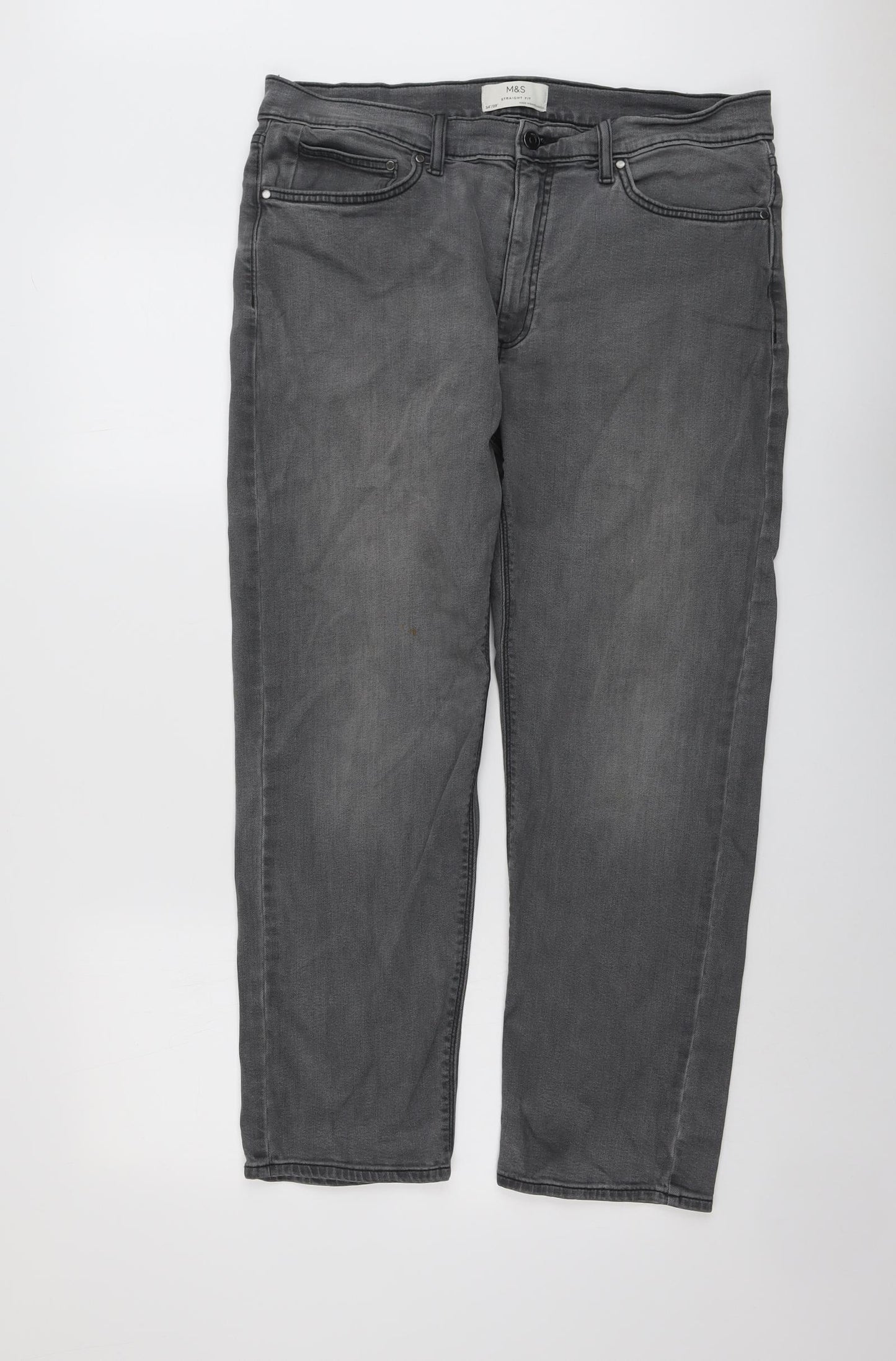 Marks and Spencer Mens Grey Cotton Straight Jeans Size 34 in L29 in Regular Button