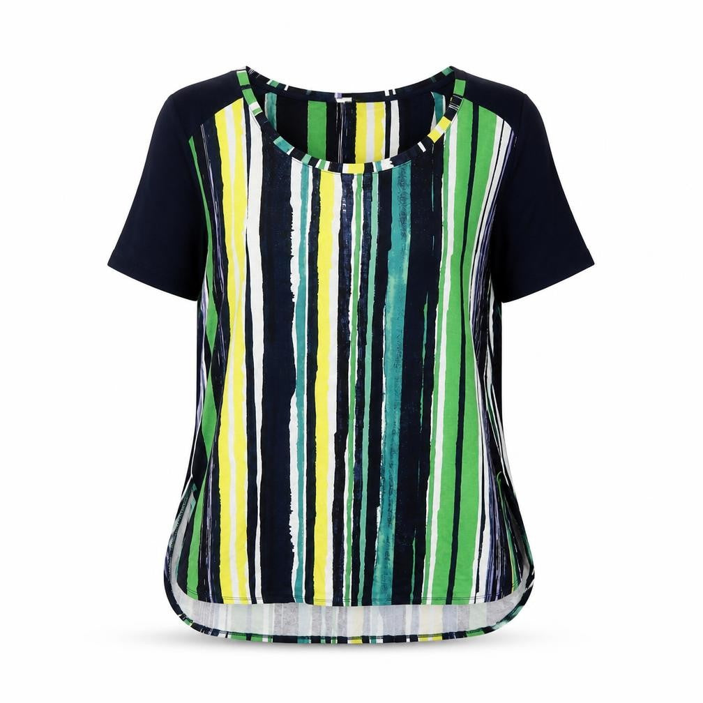 Front view of Next women’s multicoloured striped viscose basic t-shirt, size UK 10, boat neck