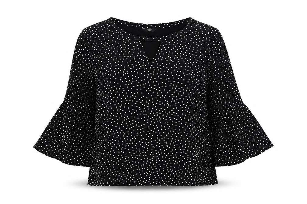 Front view of M&Co women’s black polka dot viscose basic blouse, size UK 12, round neck