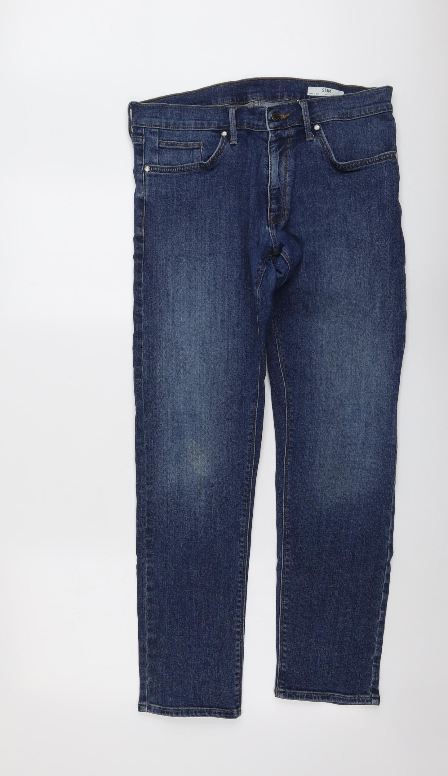 Marks and Spencer Mens Blue Cotton Straight Jeans Size 34 in L31 in Slim Button
