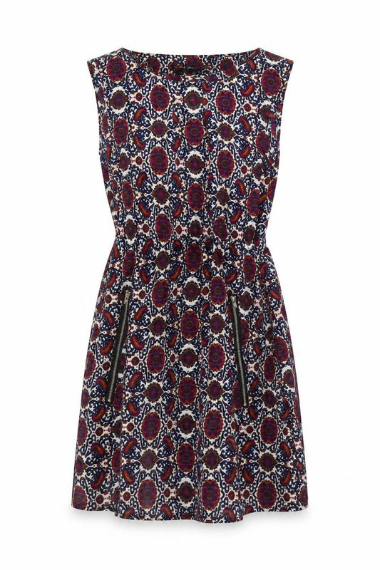 Front view of Mela London women’s multicoloured geometric polyester a-line, size UK 8, round neck pullover