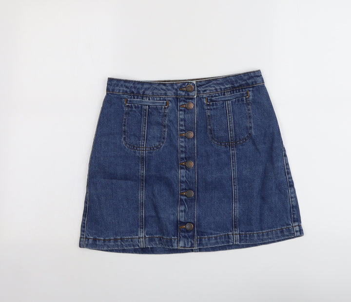 Topshop Womens Blue Cotton A-Line Skirt Size 28 in Button