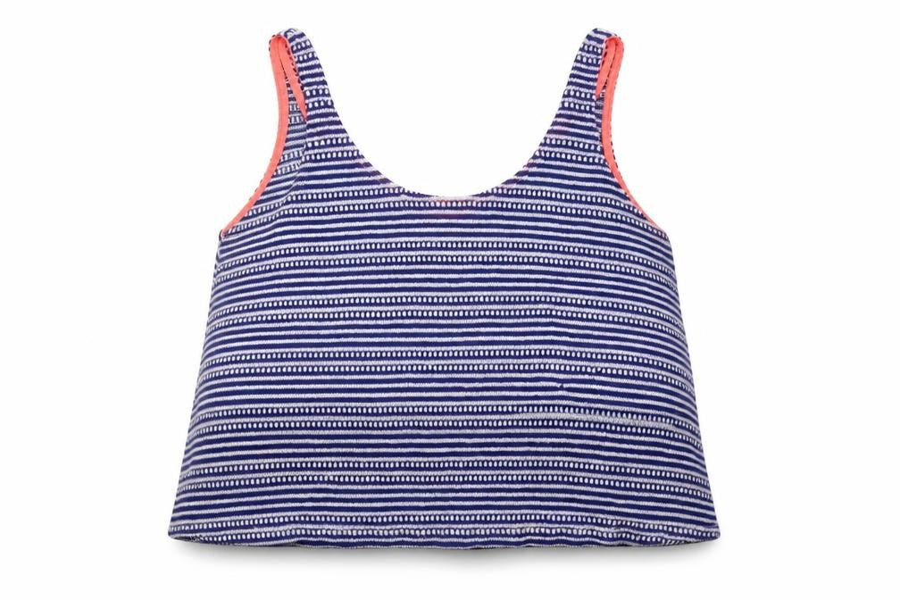 Front view of Zara women’s blue striped polyester cropped tank, size M, round neck