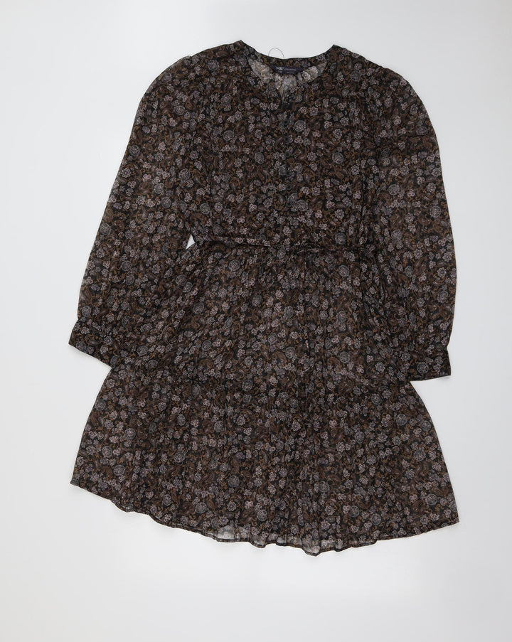 Marks and Spencer Womens Brown Geometric Polyester Shift Size 12 Round Neck Button