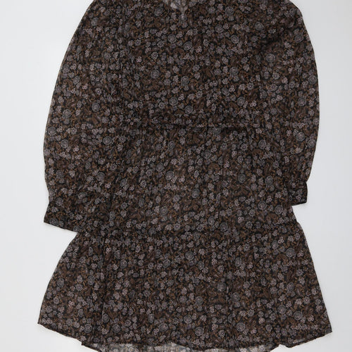 Marks and Spencer Womens Brown Geometric Polyester Shift Size 12 Round Neck Button