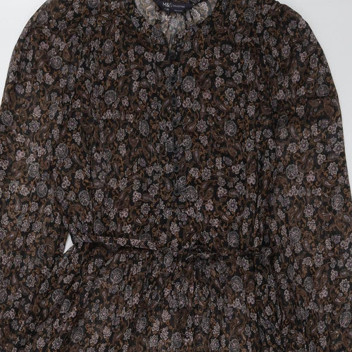 Marks and Spencer Womens Brown Geometric Polyester Shift Size 12 Round Neck Button