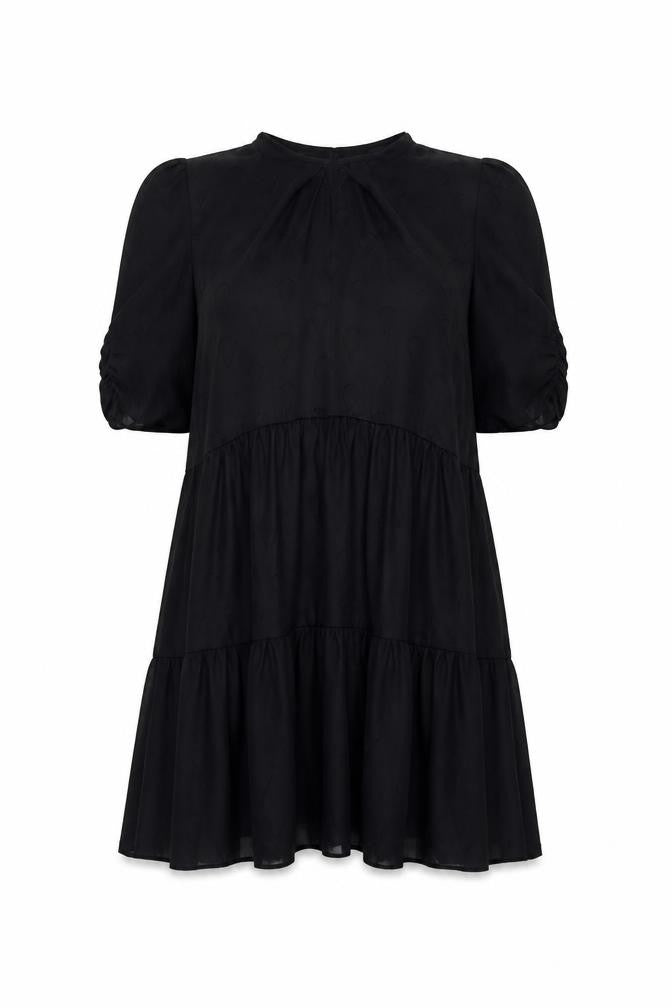 Front view of H&M women’s black geometric polyester trapeze & swing, size UK 6, round neck button