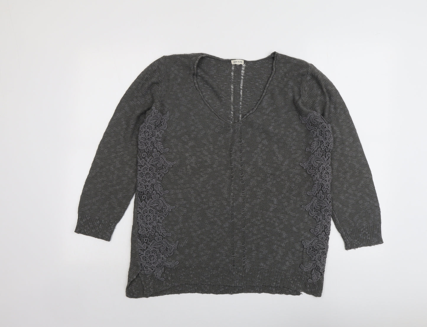River Island Womens Grey Round Neck Cotton Pullover Jumper Size 16