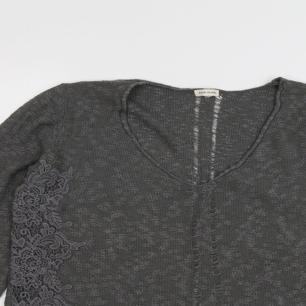 River Island Womens Grey Round Neck Cotton Pullover Jumper Size 16