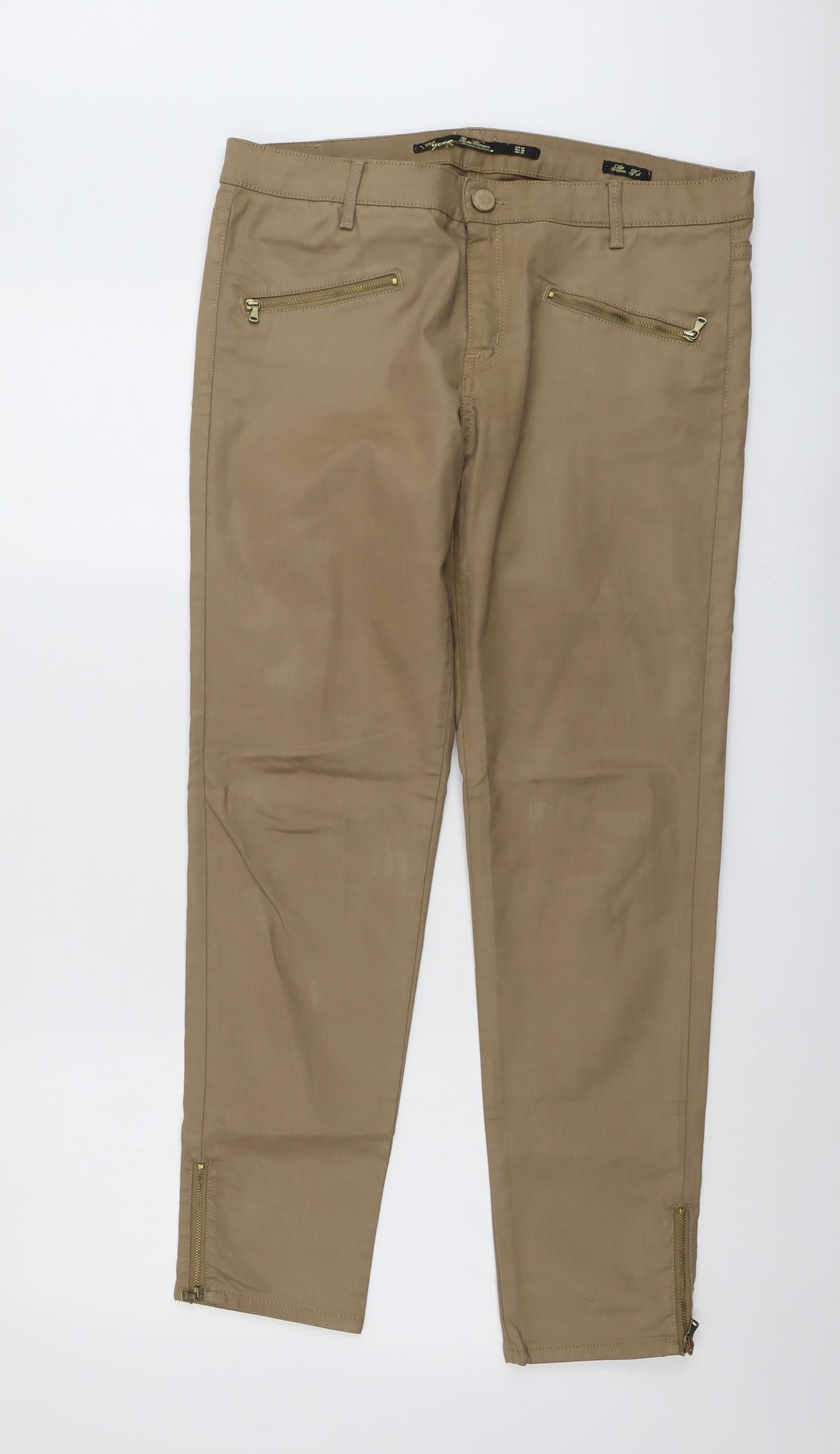 Zara Womens Beige Polyester Trousers Size 14 L29 in Slim Button
