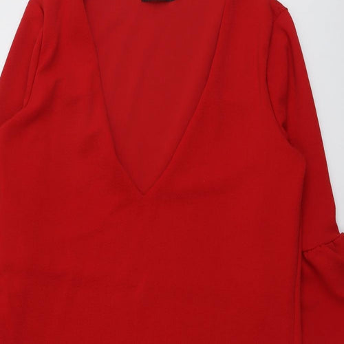Boohoo Womens Red Polyester A-Line Size 14 V-Neck Pullover