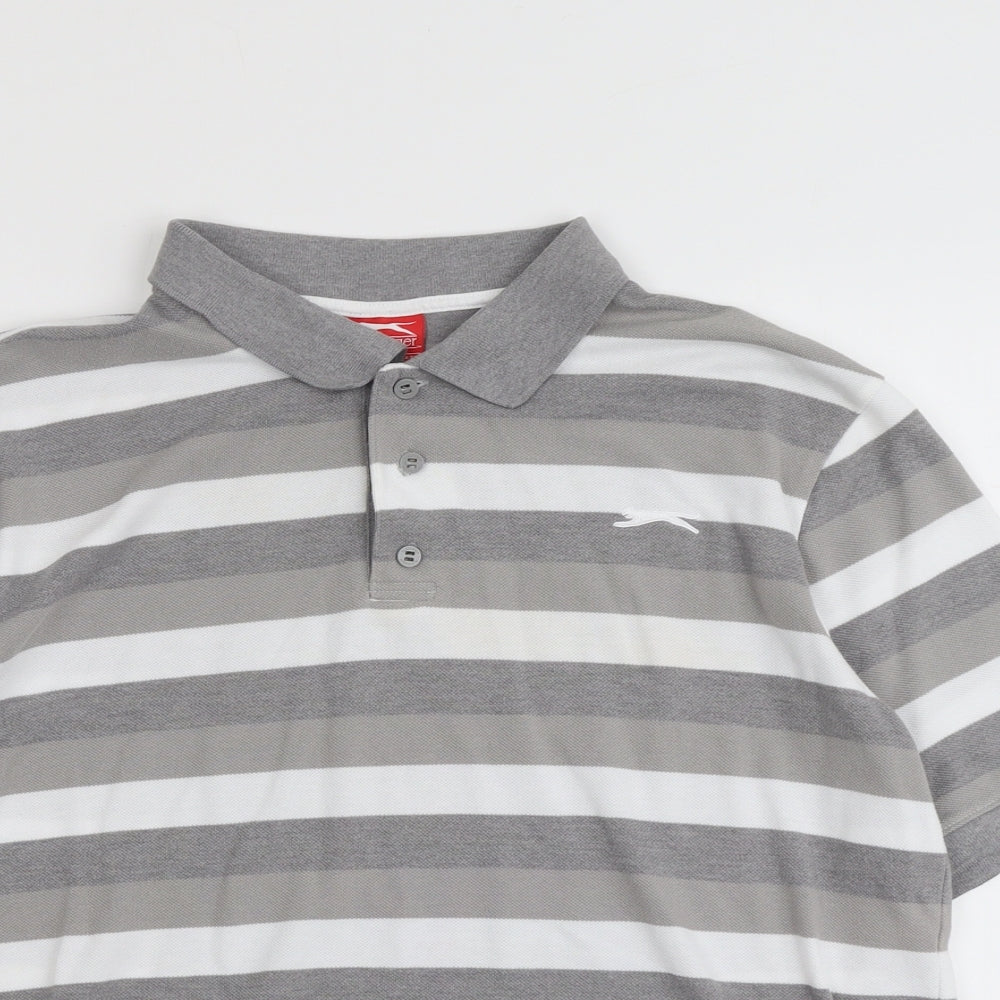 Slazenger Mens Grey Striped Cotton Polo Size XL Collared Button