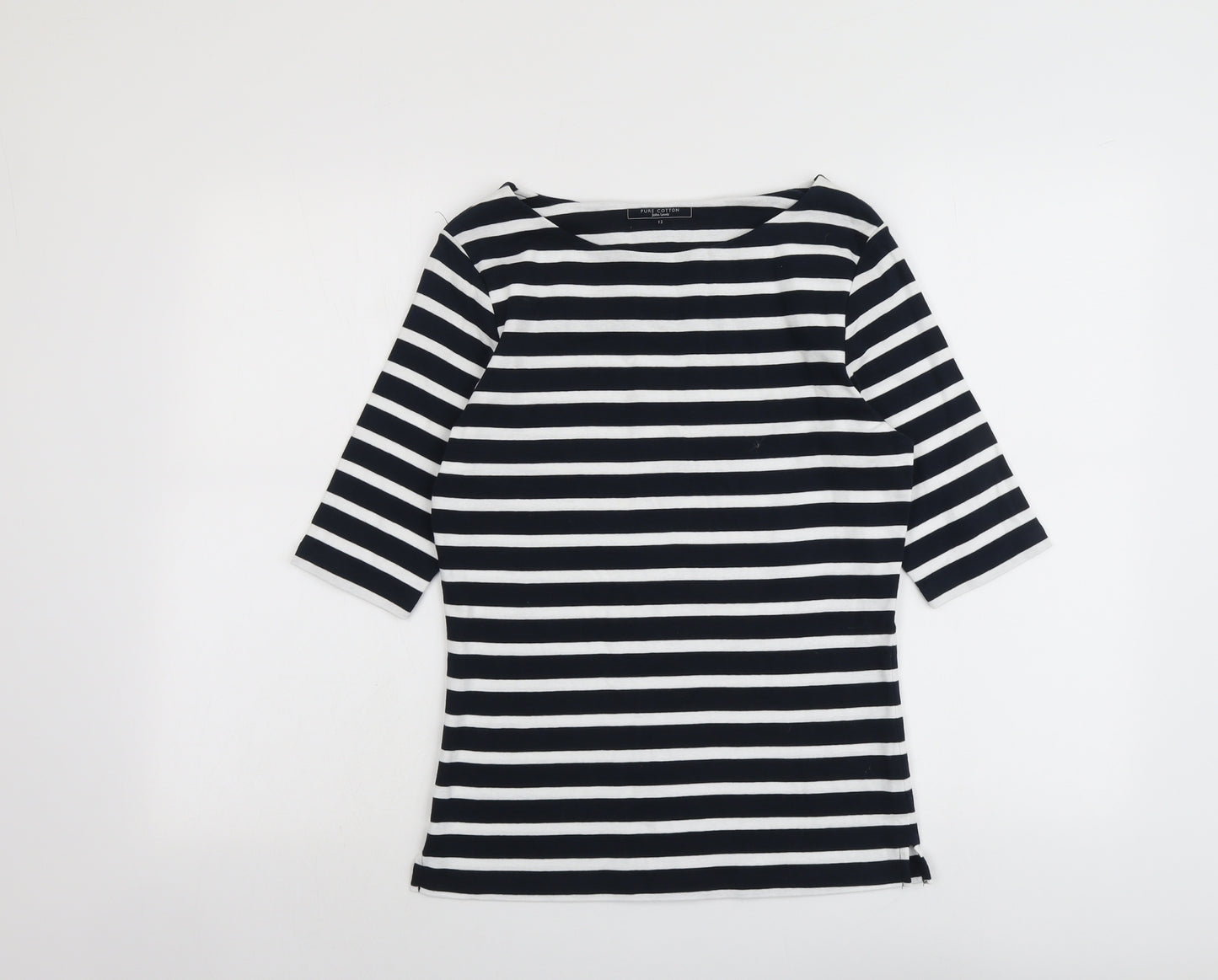 John Lewis Womens Blue Striped Cotton Basic T-Shirt Size 12 Round Neck