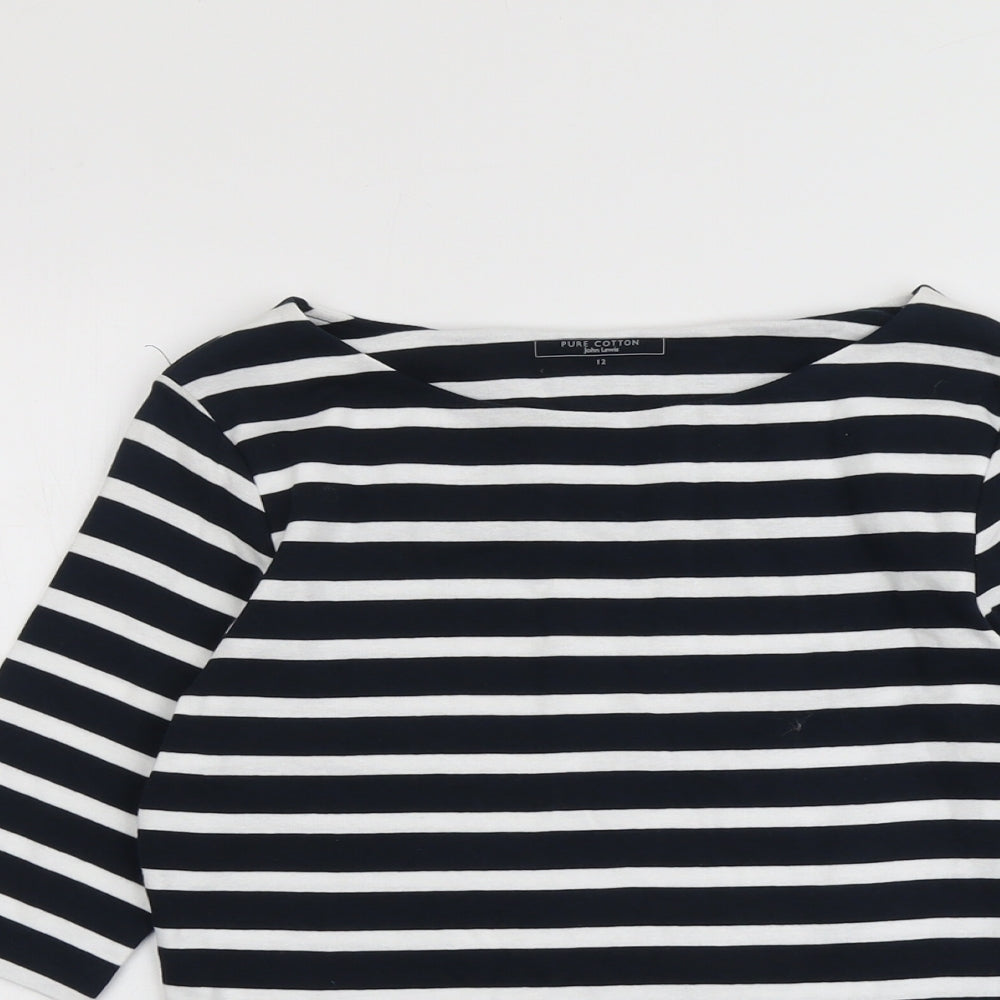 John Lewis Womens Blue Striped Cotton Basic T-Shirt Size 12 Round Neck