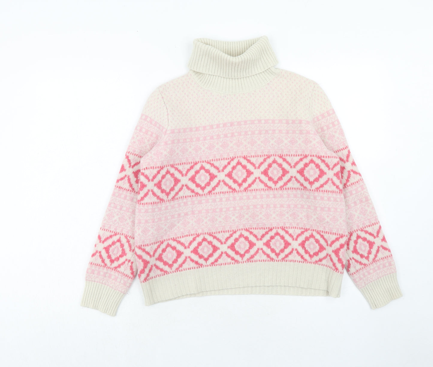 Woolovers Womens Pink Roll Neck Geometric Wool Pullover Jumper Size L