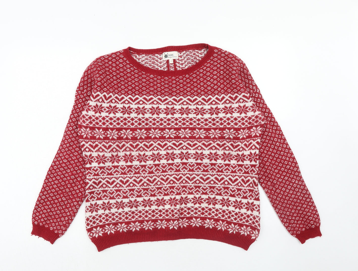 NEXT Womens Red Round Neck Fair Isle Cotton Pullover Jumper Size 14