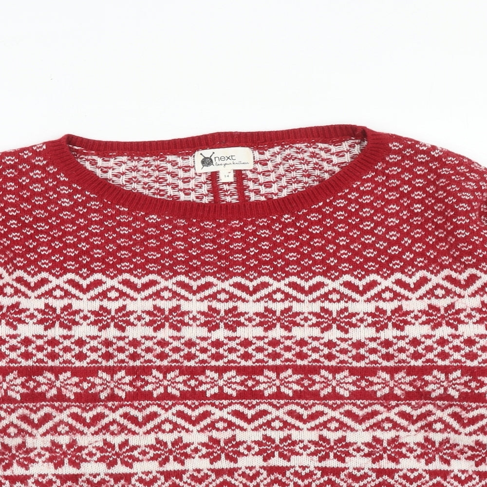 NEXT Womens Red Round Neck Fair Isle Cotton Pullover Jumper Size 14