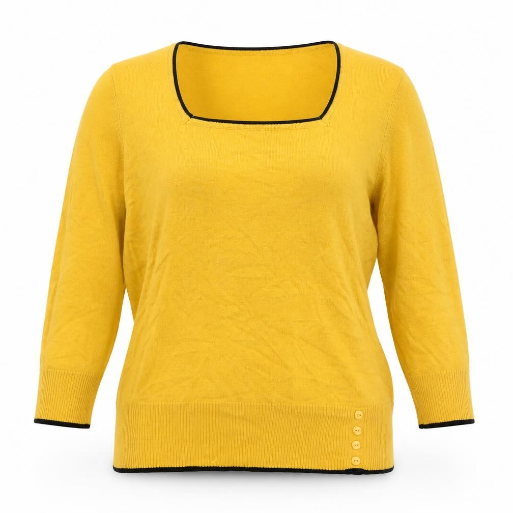Front view of Just Elegance women’s yellow square neck viscose jumper, size S