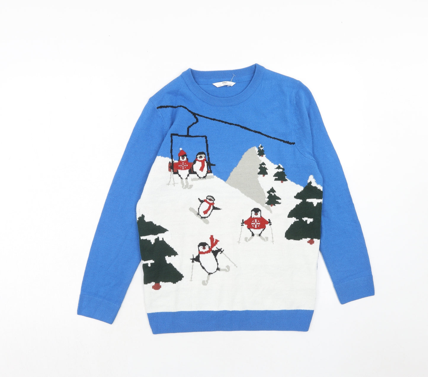 Marks and Spencer Boys Blue Round Neck Acrylic Pullover Jumper Size 12-13 Years Pullover - Penguin Skiing