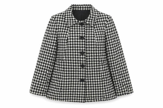 Front view of EWM women’s black geometric jacket, size UK 12, button