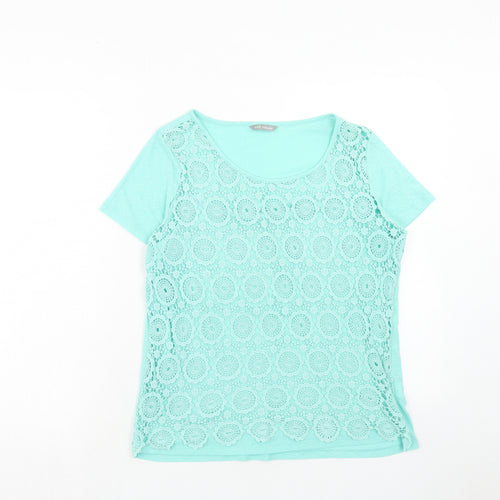 Marks and Spencer Womens Blue Geometric Viscose Basic T-Shirt Size 12 Scoop Neck