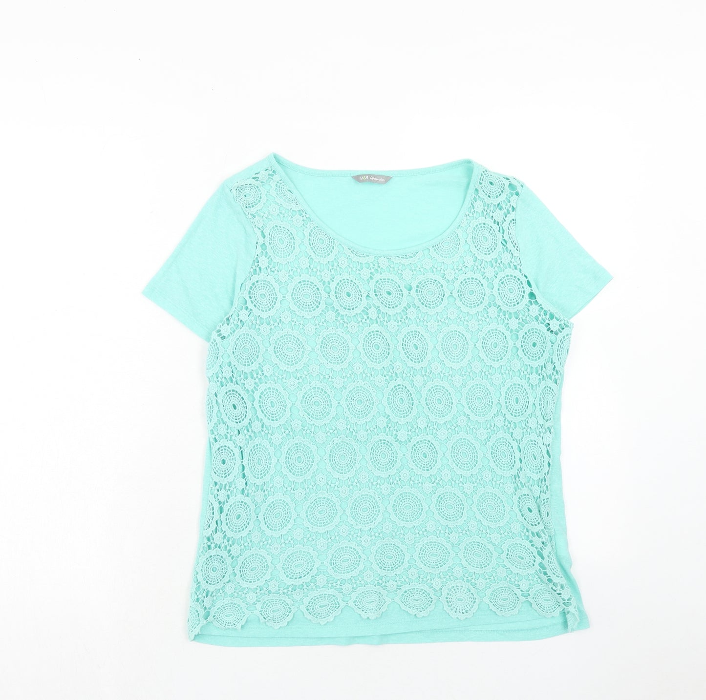 Marks and Spencer Womens Blue Geometric Viscose Basic T-Shirt Size 12 Scoop Neck