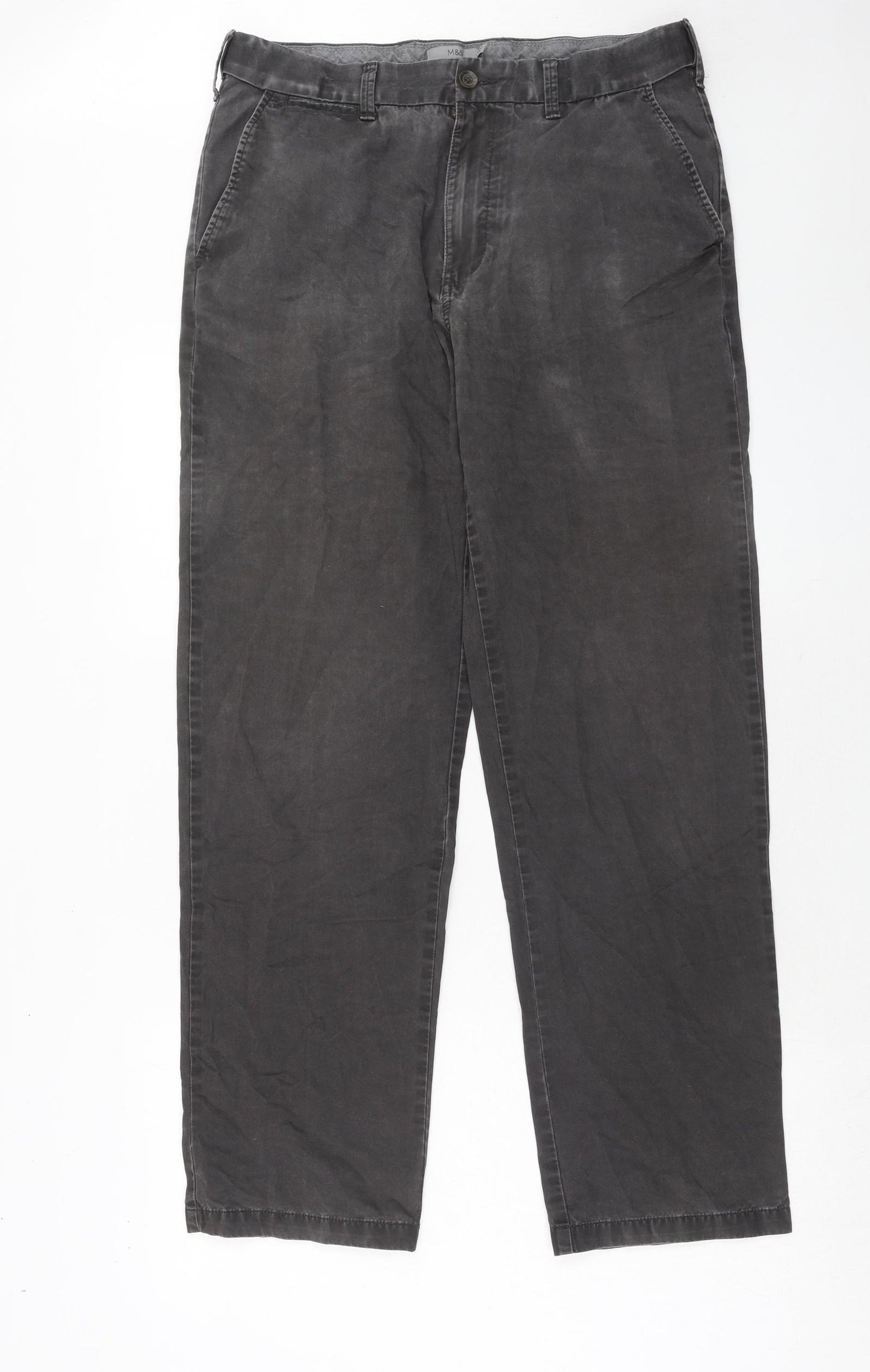 Marks and Spencer Mens Grey Cotton Chino Trousers Size 34 in L33 in Regular Zip