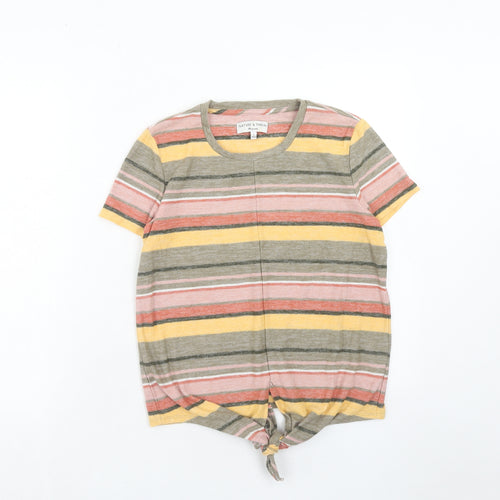 Texture & Thread Womens Multicoloured Striped Cotton Basic T-Shirt Size S Round Neck - Knot Front