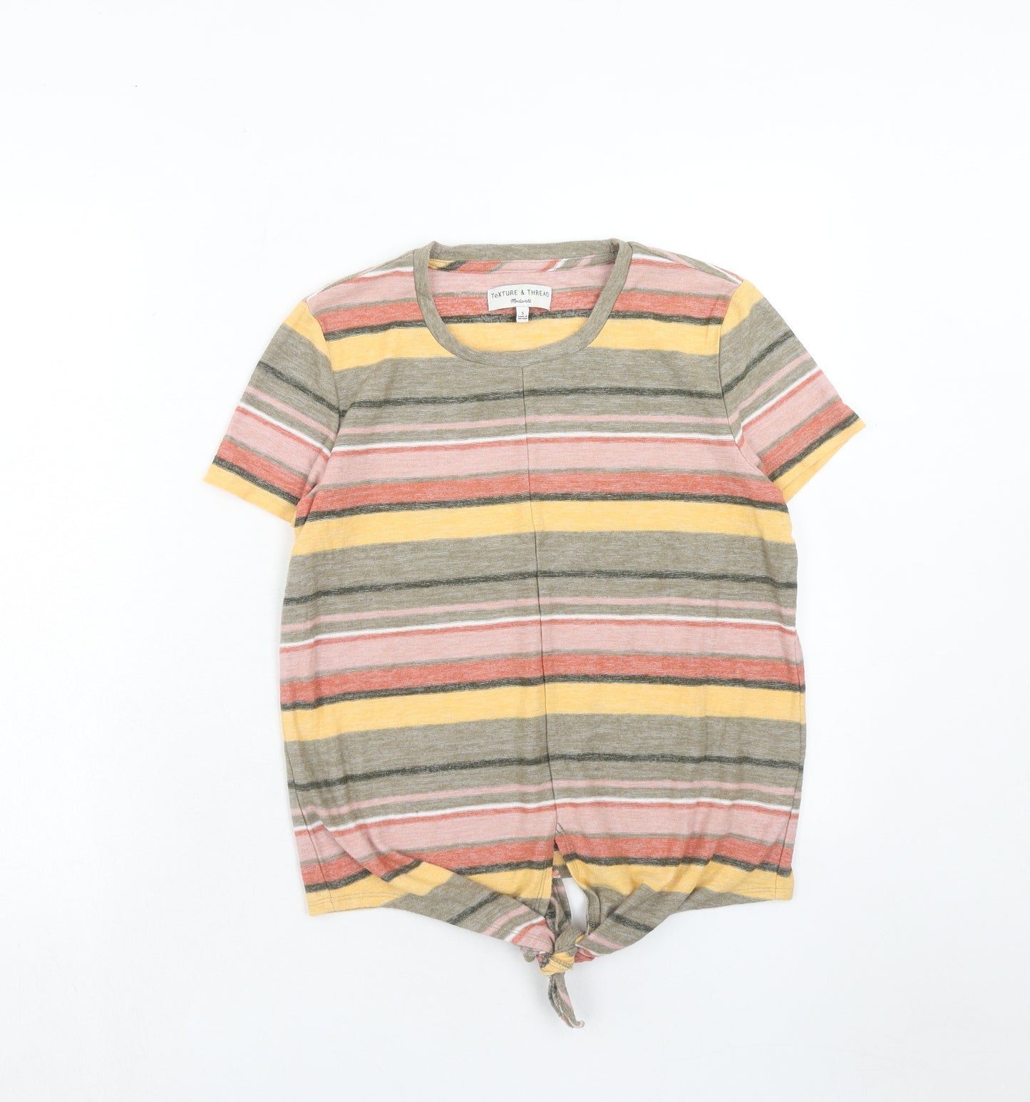 Texture & Thread Womens Multicoloured Striped Cotton Basic T-Shirt Size S Round Neck - Knot Front
