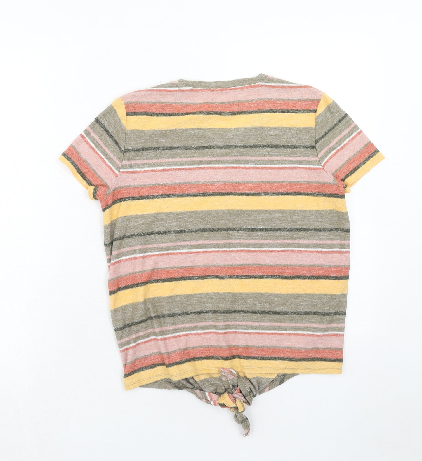 Texture & Thread Womens Multicoloured Striped Cotton Basic T-Shirt Size S Round Neck - Knot Front