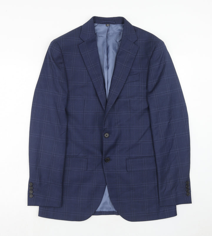 Marks and Spencer Mens Blue Plaid Polyester Jacket Suit Jacket Size 38 Regular