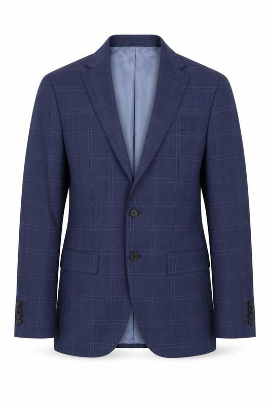 Front view of Marks & Spencer men’s blue plaid polyester jacket suit jacket, size 38, regular