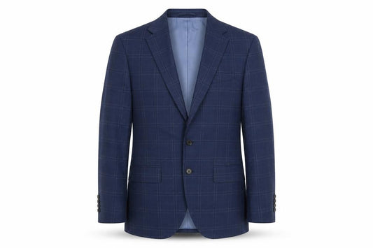 Front view of Marks & Spencer men’s blue plaid polyester jacket suit jacket, size 38, regular