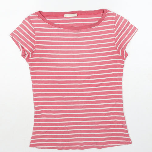 Marks and Spencer Womens Pink Striped Cotton Basic T-Shirt Size 10 Boat Neck