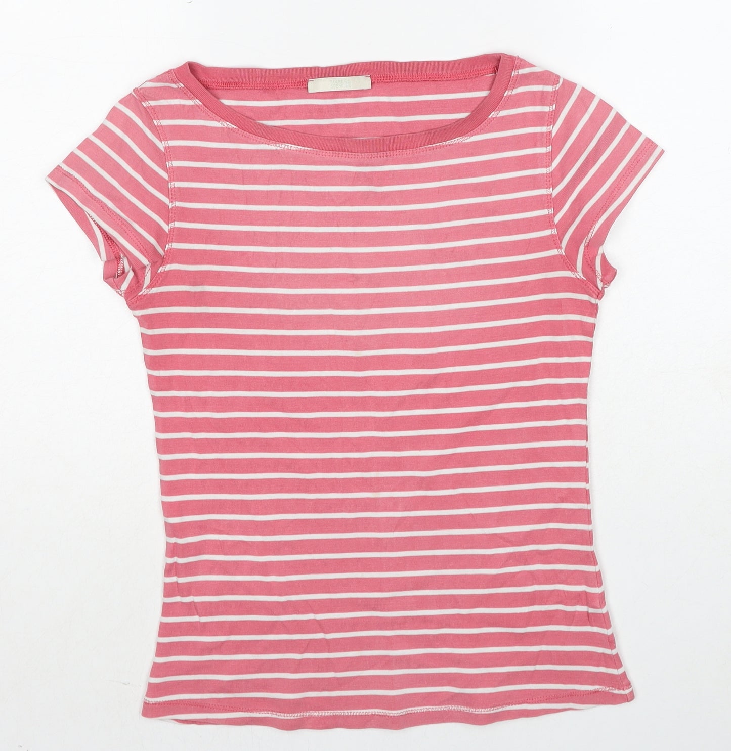 Marks and Spencer Womens Pink Striped Cotton Basic T-Shirt Size 10 Boat Neck