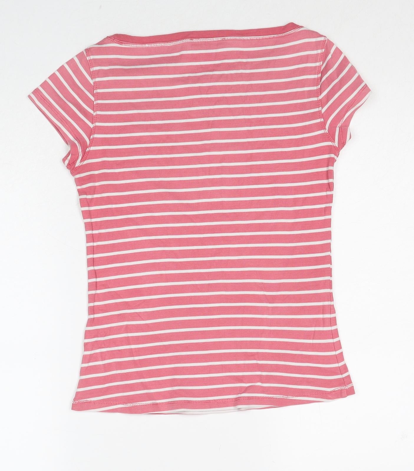 Marks and Spencer Womens Pink Striped Cotton Basic T-Shirt Size 10 Boat Neck