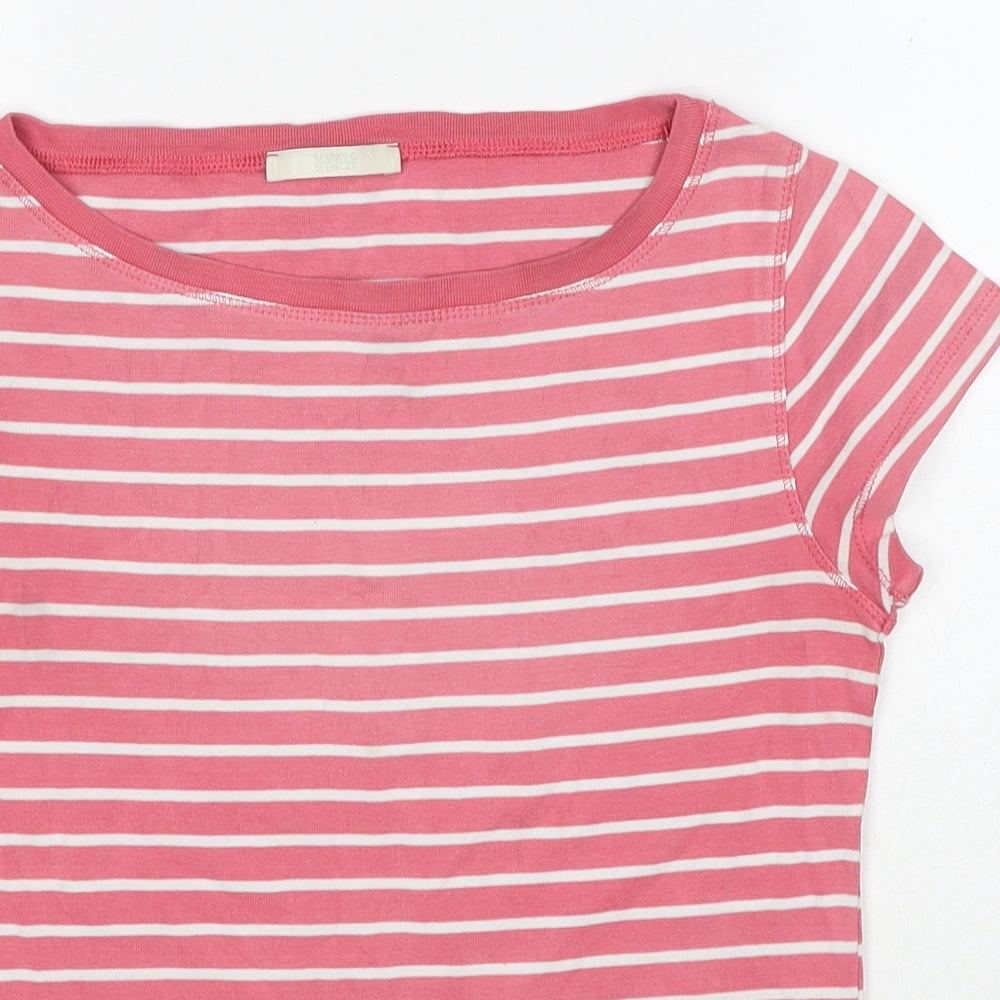 Marks and Spencer Womens Pink Striped Cotton Basic T-Shirt Size 10 Boat Neck