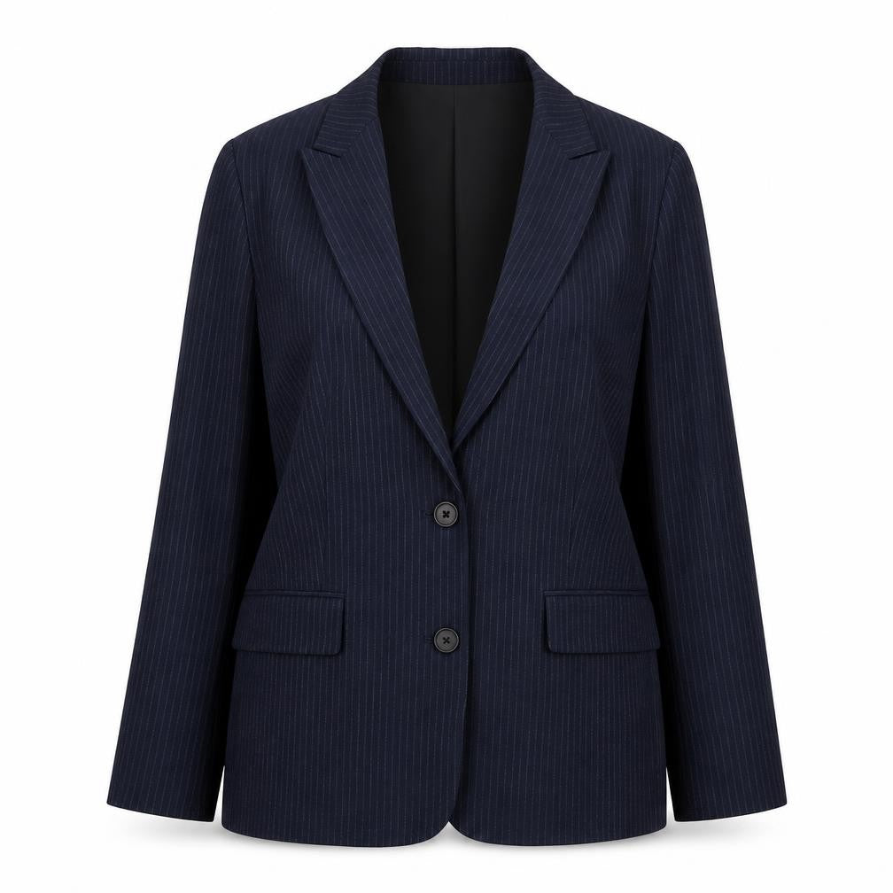 Front view of Marks & Spencer women’s blue pinstripe polyester jacket suit jacket, size UK 12