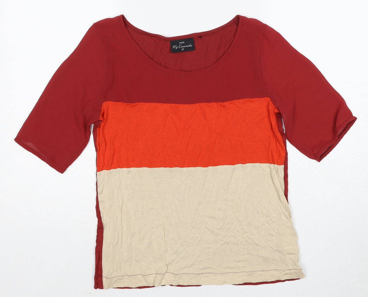 NEXT Womens Red Colourblock Viscose Basic T-Shirt Size 10 Round Neck