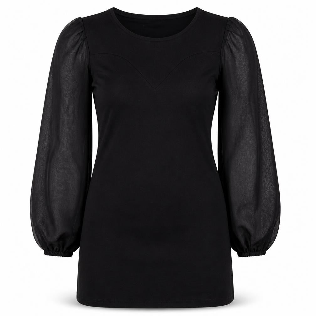 Front view of Love women’s black polyester a-line, size S, round neck pullover -, size S-m