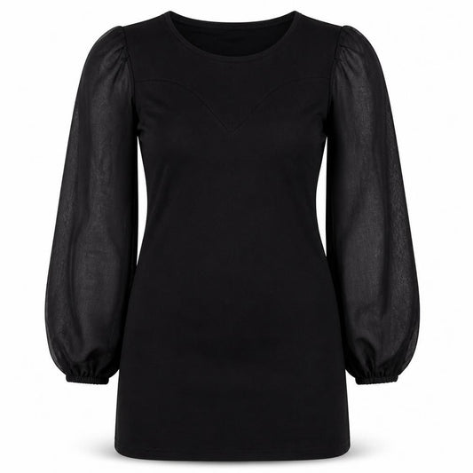 Front view of Love women’s black polyester a-line, size S, round neck pullover -, size S-m