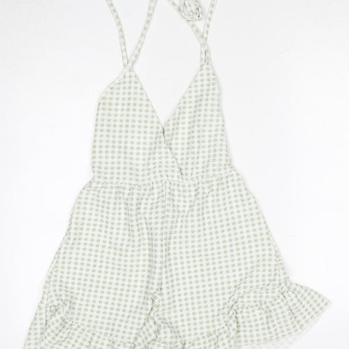Pink Vanilla Womens Green Check Polyester Playsuit One-Piece Size 10 Tie