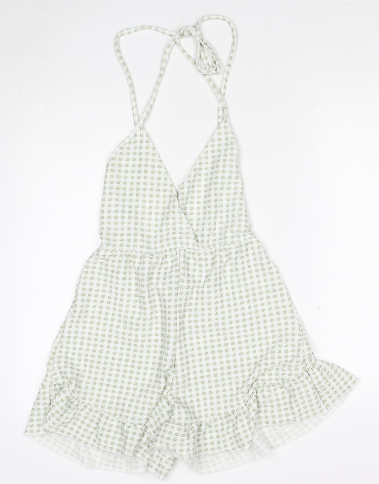 Pink Vanilla Womens Green Check Polyester Playsuit One-Piece Size 10 Tie